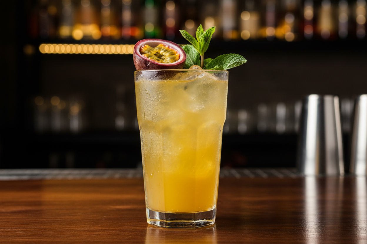 Coctel con gin y maracuya en vaso highball
